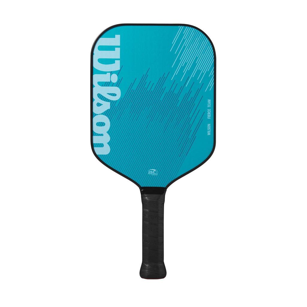Wilson Fierce Team 13 pickleball paddle — a forgiving fibreglass-face beginner paddle in red and blue. Hybrid shape, easy power