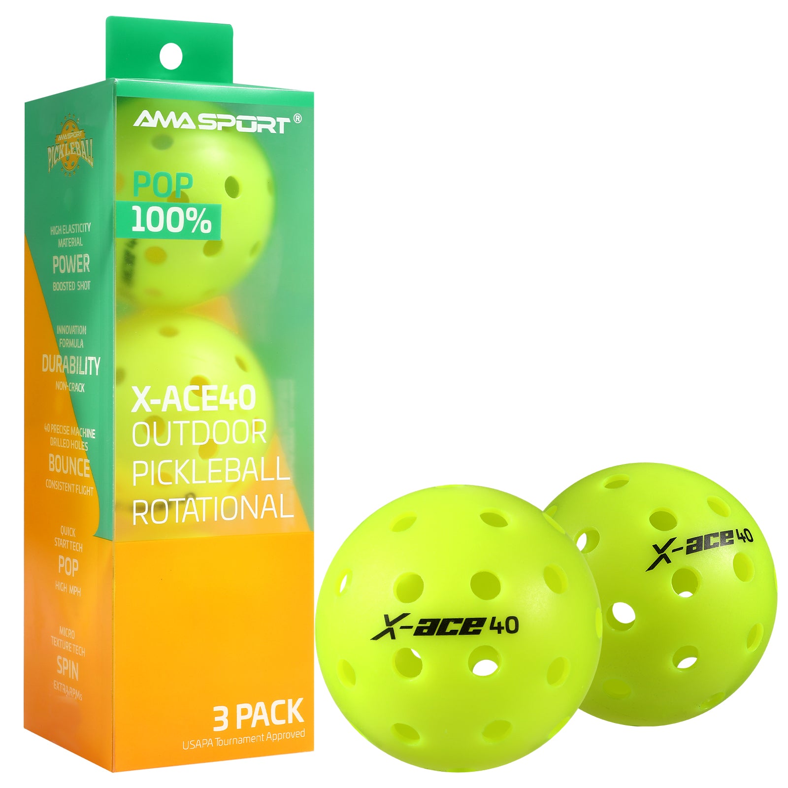 AMA SPORT X-ACE40 Pickleball Balls 3pk