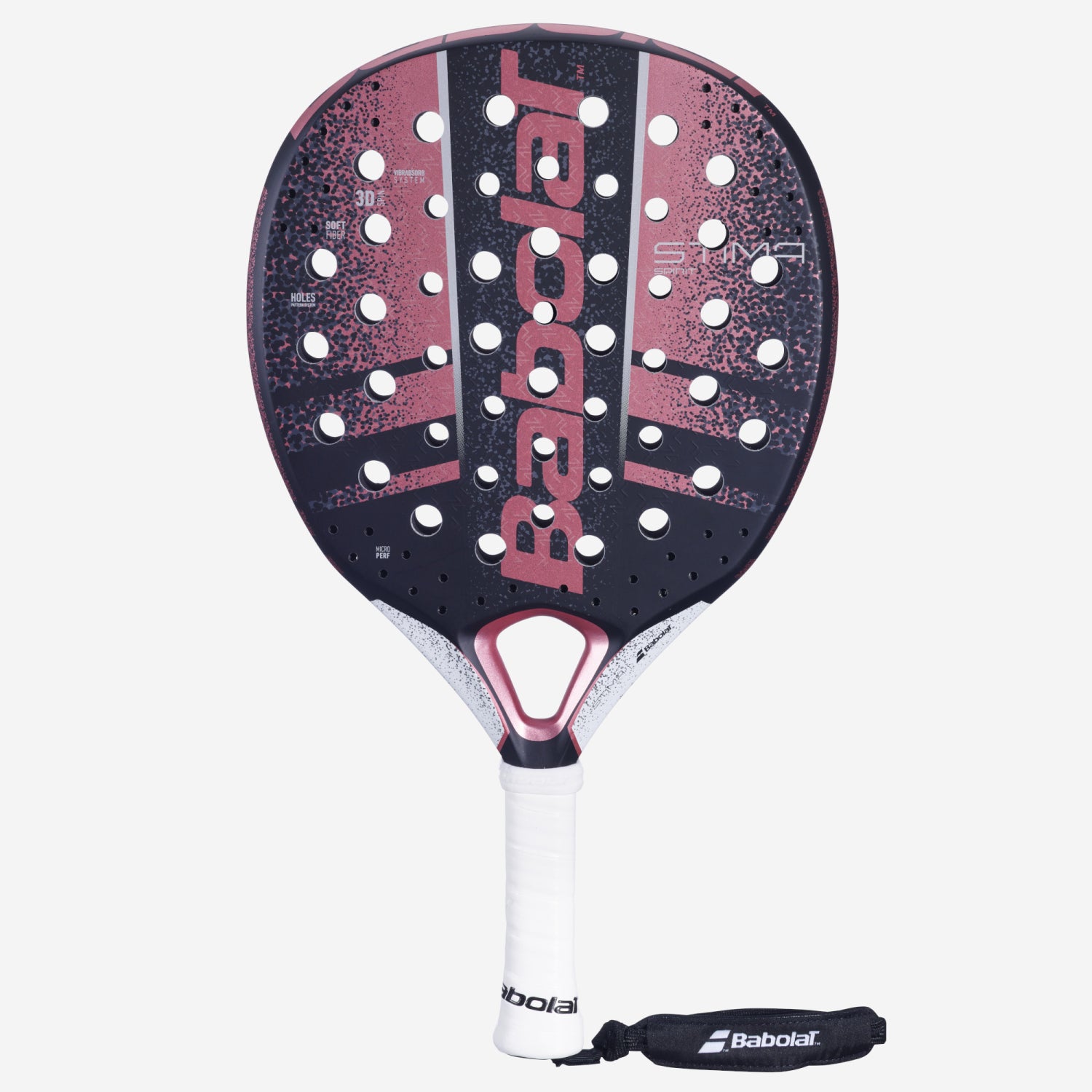 Babolat paddle with pink and black design on a white background